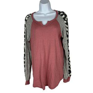 Pink Lily Women's Waffle Knit Raglan Top With Leopard Print Sleeves Size M